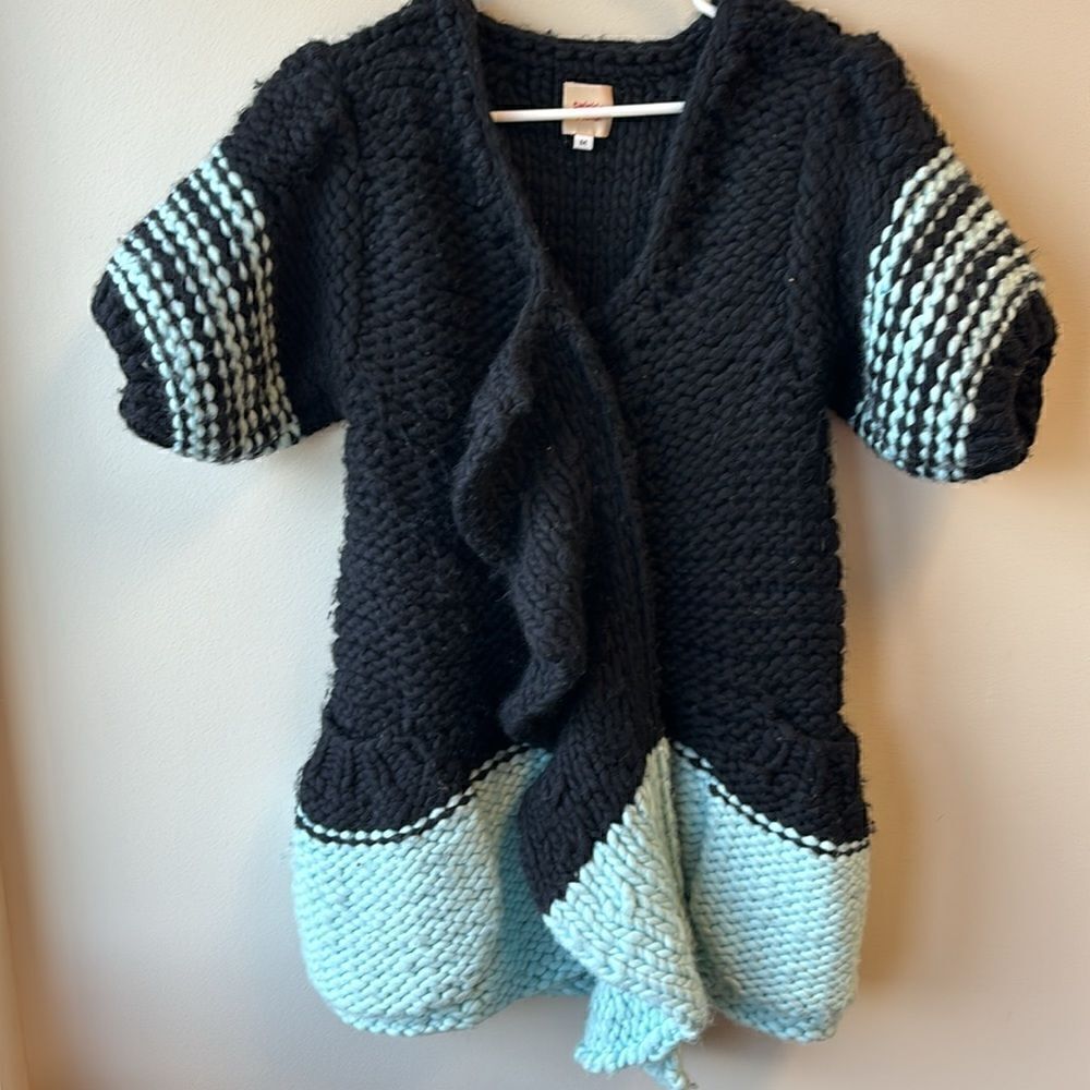 Twinkle by wenlan wool sweater oversized medium black turquoise short sleeve